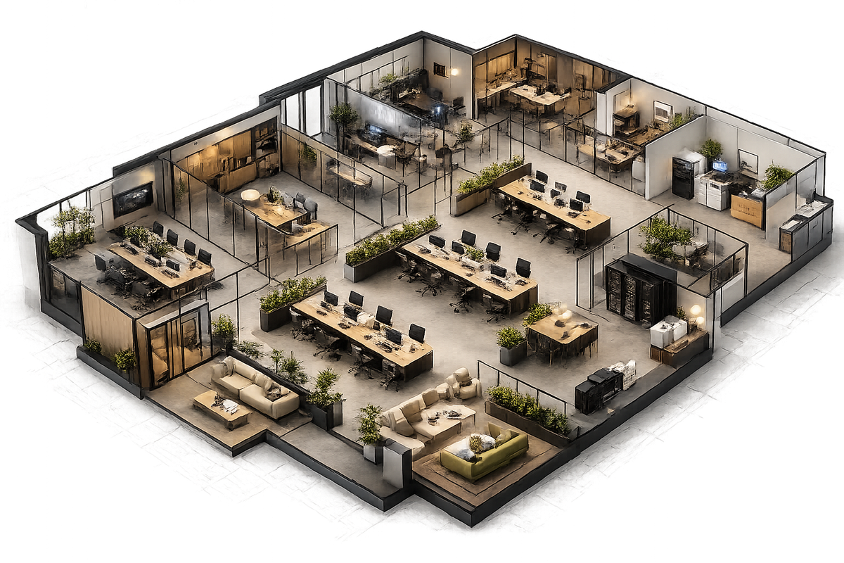 Illustration isométrique d’un plateau de bureaux type, projeté en 3D