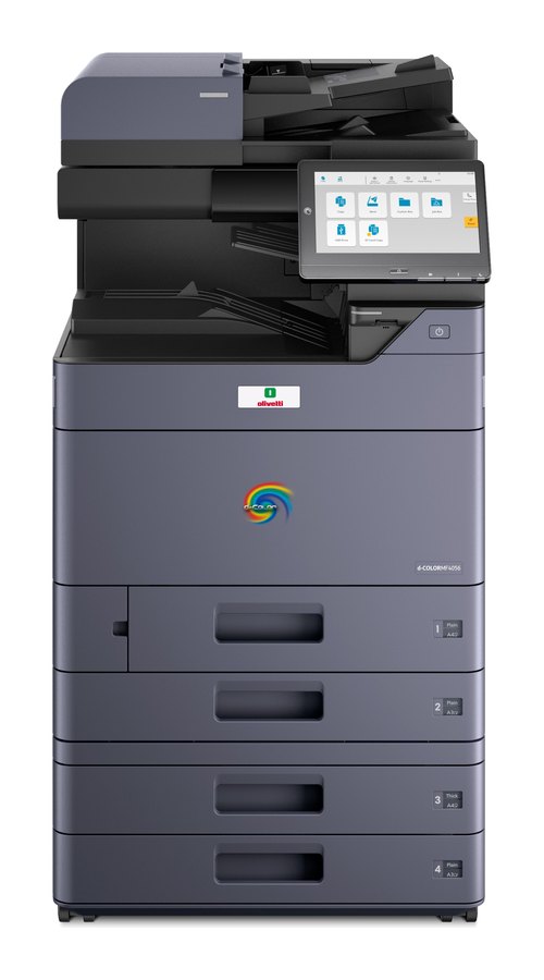 Multifonction A3 couleur Olivetti d-Color, chargeur de documents, écran tactile et quatre magasins papier — visuel constructeur.