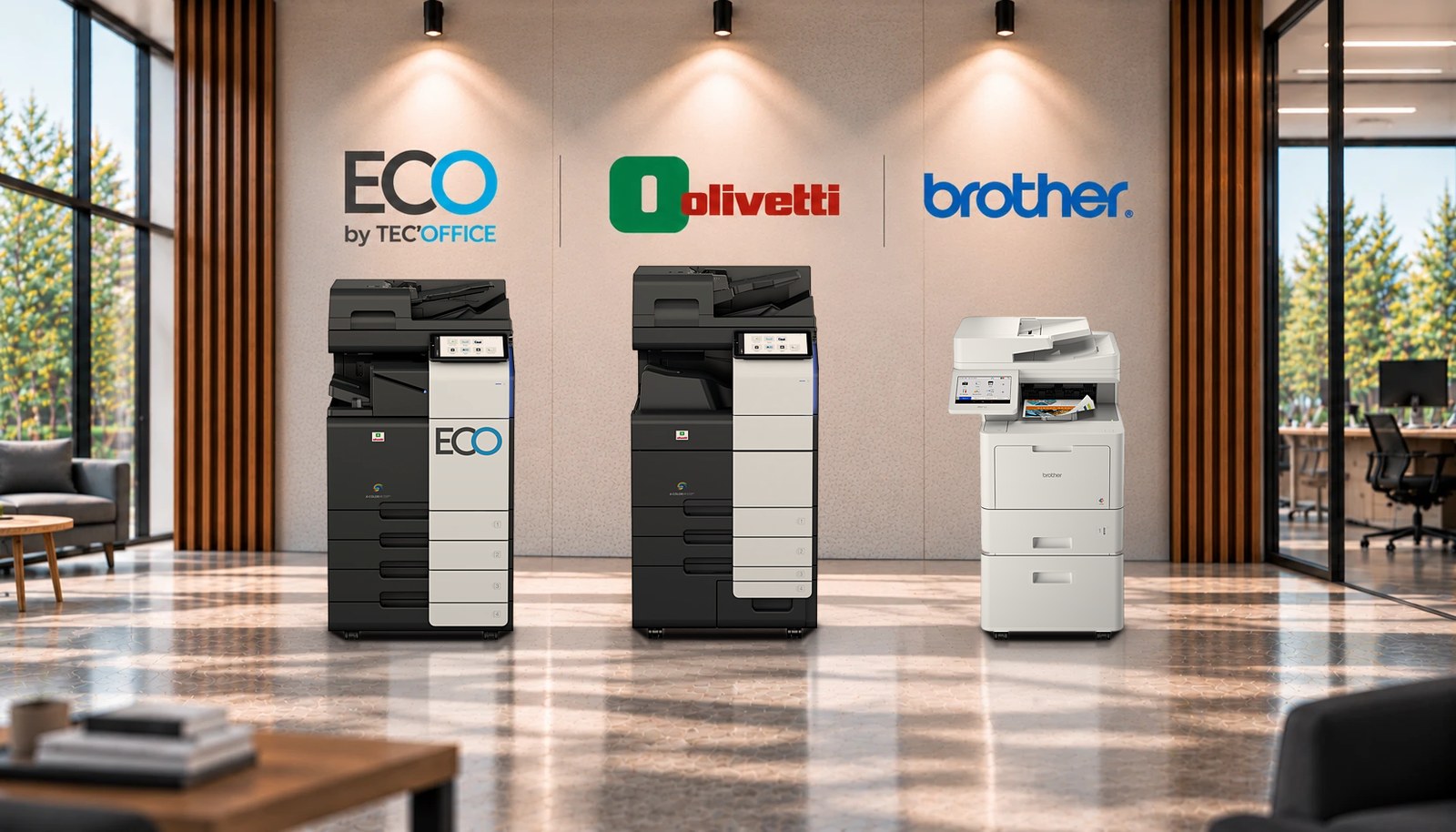 Illustration&nbsp;: multifonctions Olivetti d-Color MF259en de la gamme ECO by TEC’OFFICE (autocollant ECO) et d-Color MF659en, vues de face, et multifonction laser Brother A4 sur son meuble, devant un mur aux logos ECO by TEC’OFFICE, Olivetti et Brother.